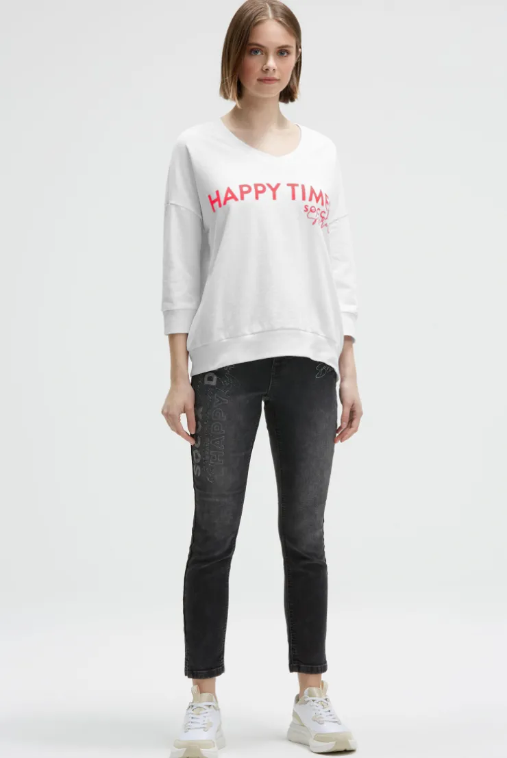 Oversized Sweatshirt mit V-Ausschnitt und Print opticwhite