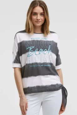 Oversize T-Shirt mit Streifen und Saumknoten grey bay | XS/S