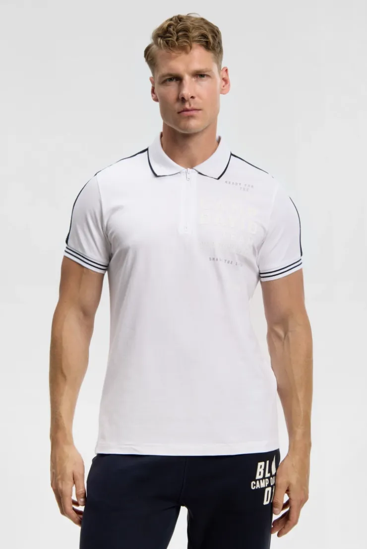 Polo mit Zipper, Logo-Tapes und Prints white