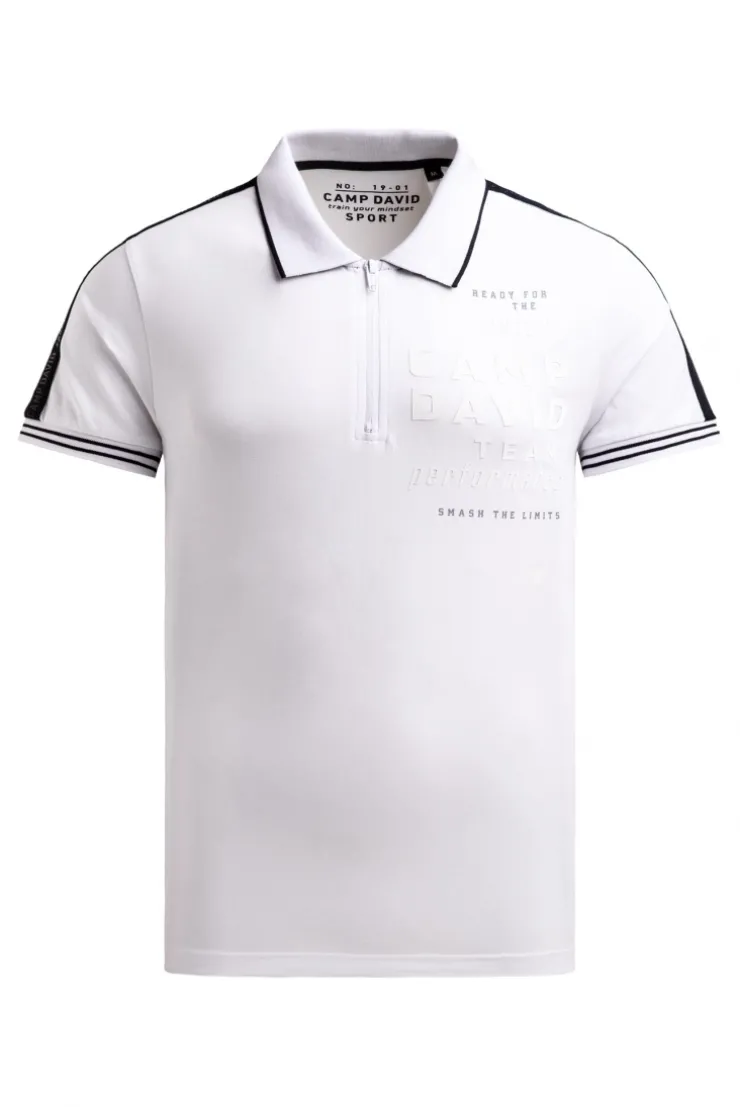 Polo mit Zipper, Logo-Tapes und Prints white