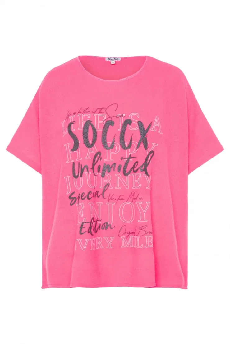 Poncho aus Flauschstrick mit Glimmer Print neon pink