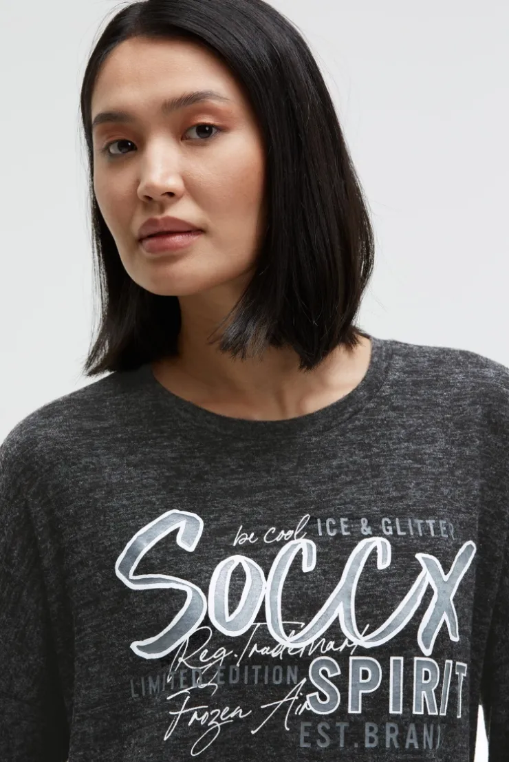 Pullover aus Flauschstrick mit Glimmer Gel Print black melange