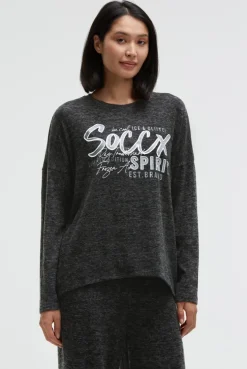 Pullover aus Flauschstrick mit Glimmer Gel Print black melange
