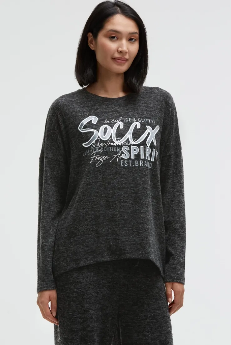 Pullover aus Flauschstrick mit Glimmer Gel Print black melange