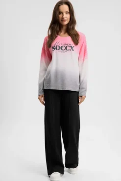 Pullover Dip Dye aus Flauschstrick mit Glitter-Logo neon rose / fresh grey