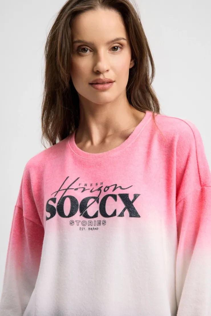 Pullover Dip Dye aus Flauschstrick mit Glitter-Logo neon rose / fresh grey