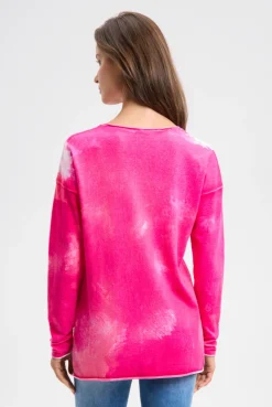 Pullover mit All Over Print und Schmucksteinen neon rose