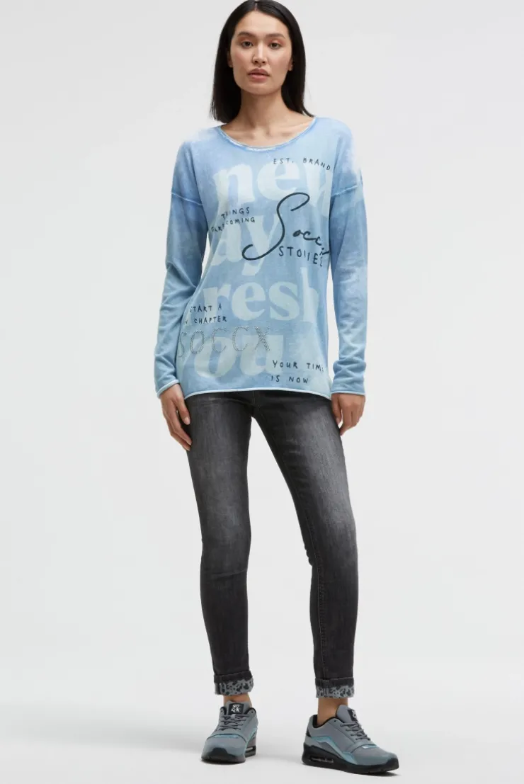 Pullover mit All Over Print und Schmucksteinen blue heaven