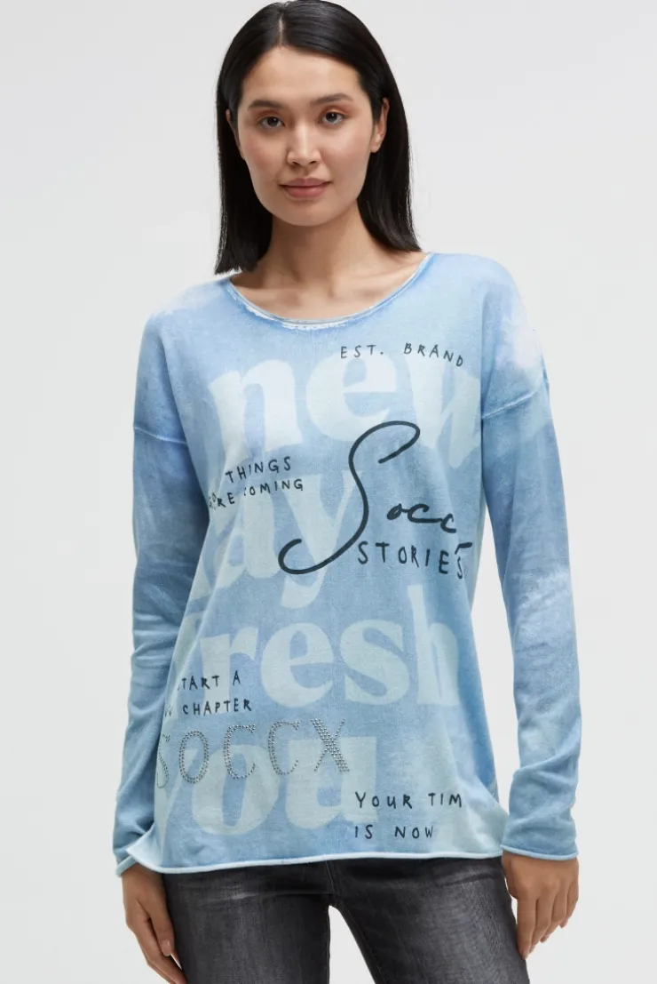 Pullover mit All Over Print und Schmucksteinen blue heaven