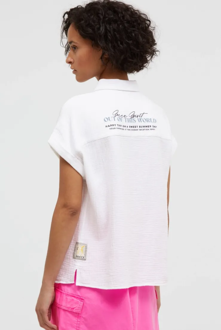 Ärmellose Musselin-Bluse mit Rückenprint opticwhite