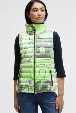 Steppweste mit Kapuze im Kragen und All Over Print neon leaf