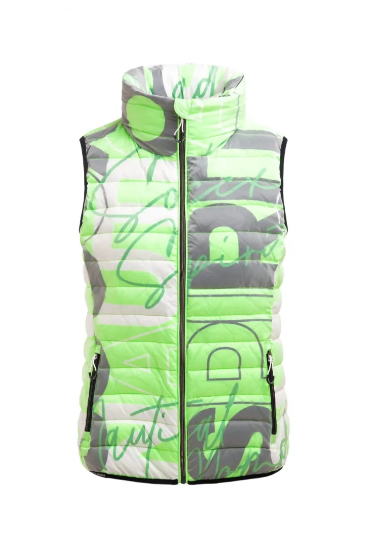 Steppweste mit Kapuze im Kragen und All Over Print neon leaf