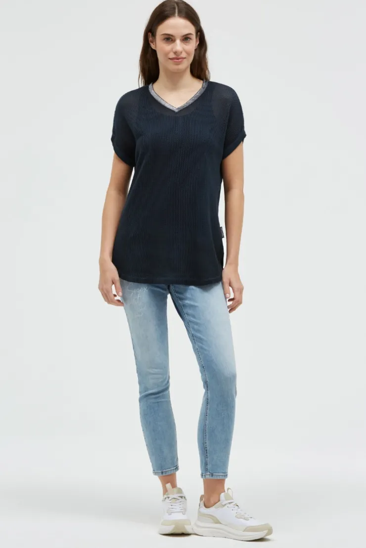 Strickshirt mit V-Ausschnitt und Backprint blue navy