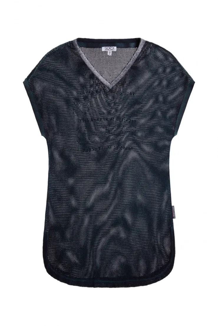 Strickshirt mit V-Ausschnitt und Backprint blue navy