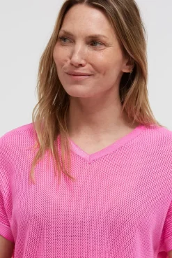 Strickshirt mit V-Ausschnitt und Backprint neon magenta
