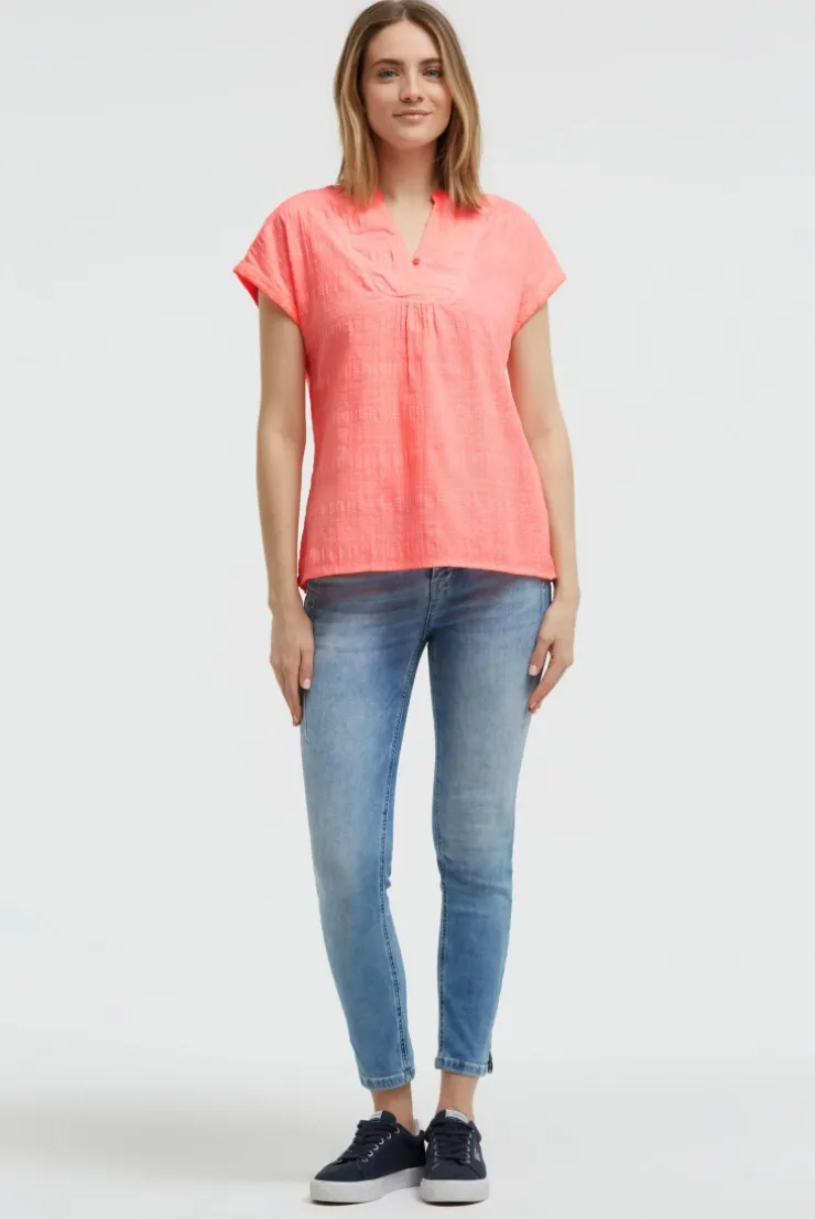 Strukturierte Crêpe-Bluse mit V-Öffnung neon flame