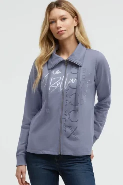 Sweatjacke mit hohem Kragen und Folienprints blue grey