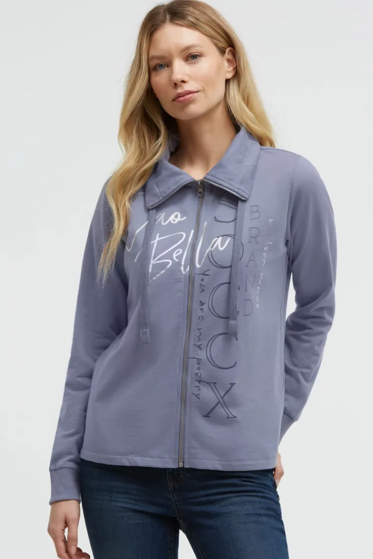 Sweatjacke mit hohem Kragen und Folienprints blue grey