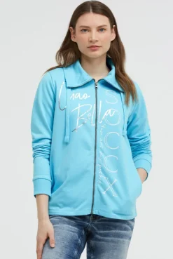 Sweatjacke mit hohem Kragen und Folienprints summer aqua