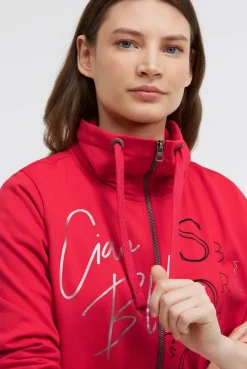 Sweatjacke mit hohem Kragen und Folienprints red orange