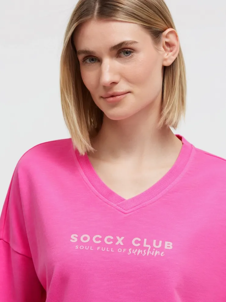 Sweatshirt mit V-Ausschnitt und Rückenprint vivid pink