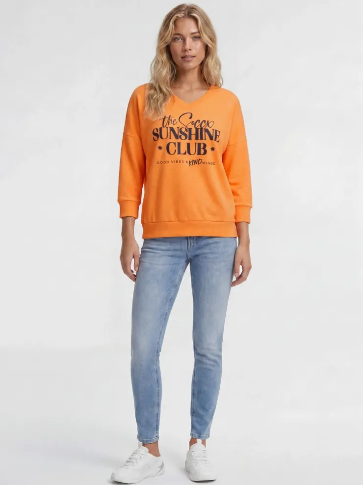 Sweatshirt mit V-Ausschnitt und Frontprint neon apricot