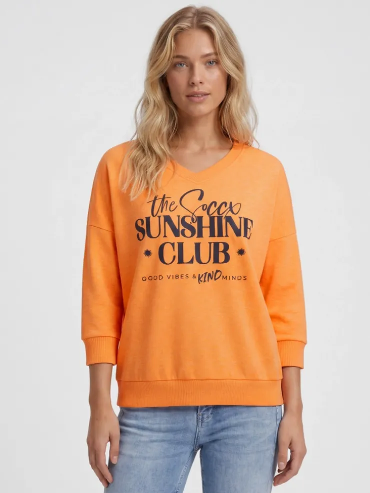 Sweatshirt mit V-Ausschnitt und Frontprint neon apricot