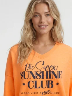 Sweatshirt mit V-Ausschnitt und Frontprint neon apricot