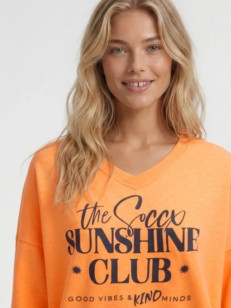 Sweatshirt mit V-Ausschnitt und Frontprint neon apricot