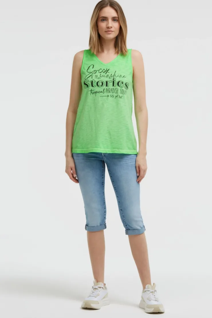 Top mit V-Ausschnitt und Glitter Print neon green