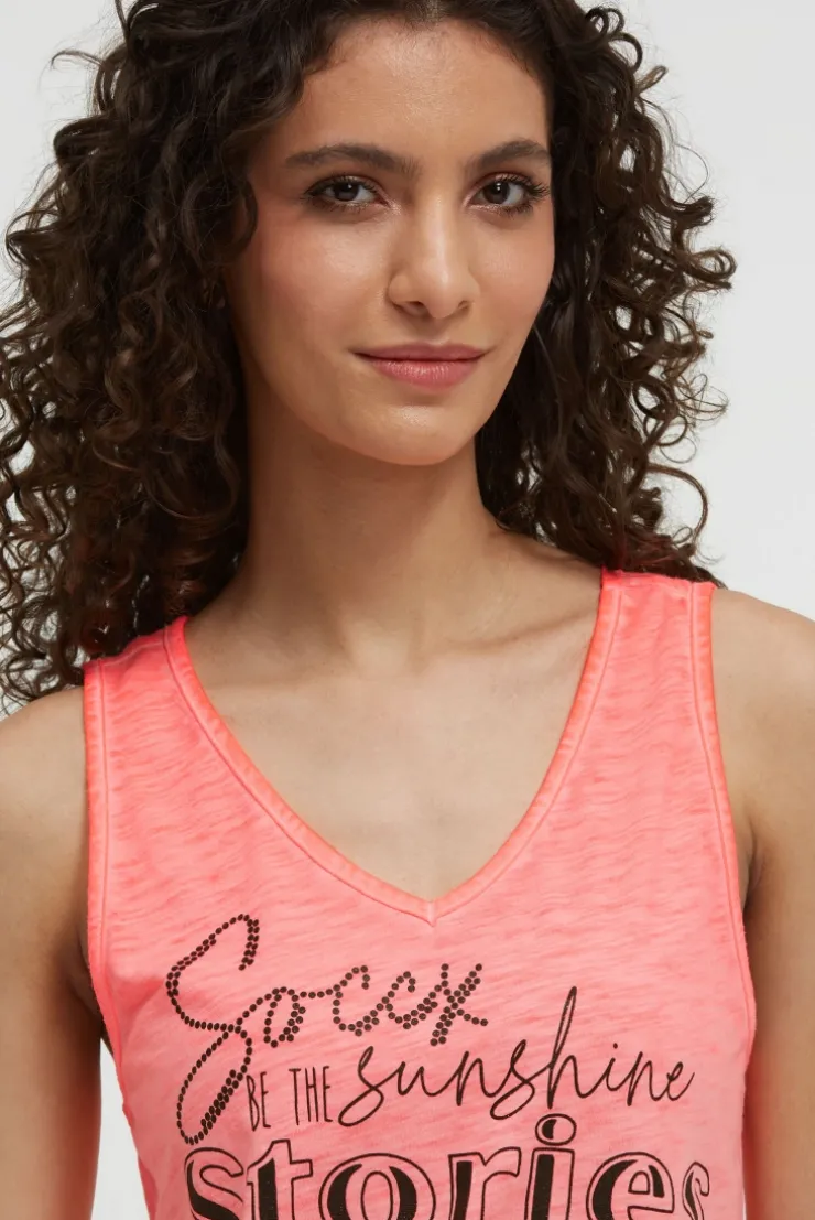 Top mit V-Ausschnitt und Glitter Print neon flame