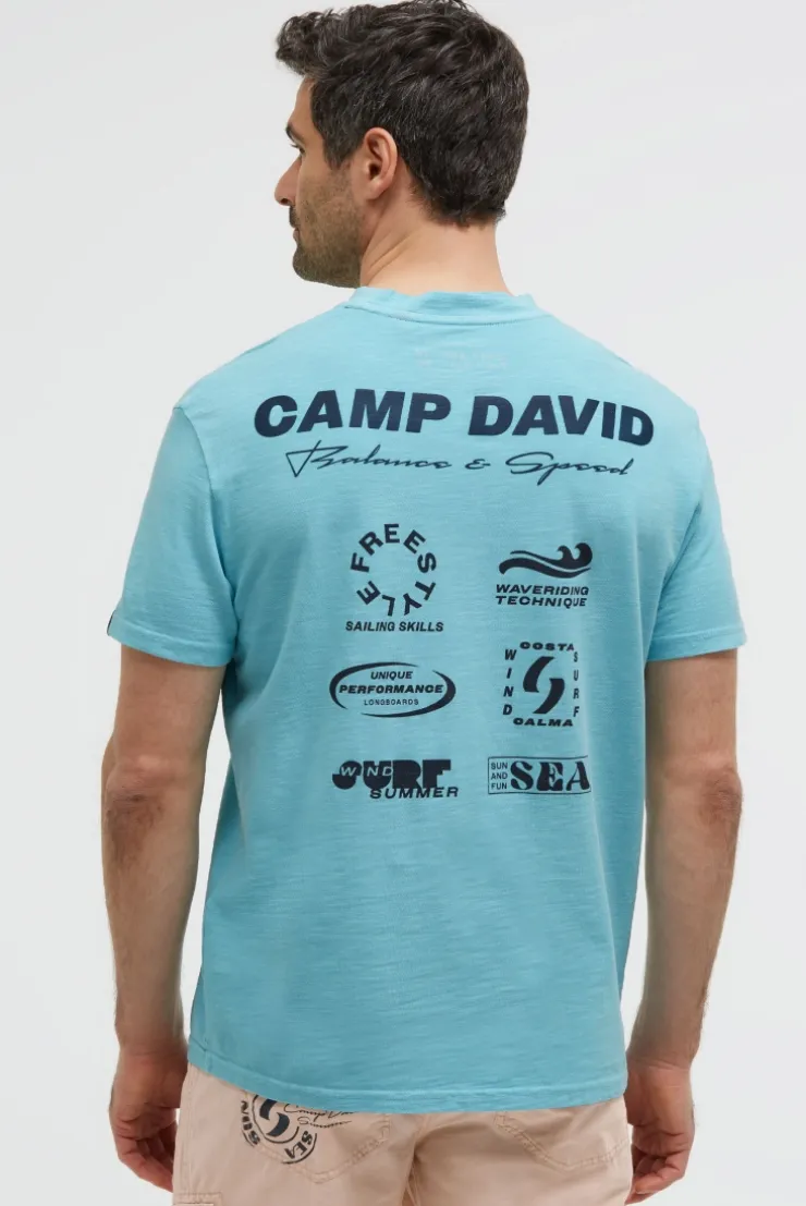 T-Shirt aus Slub-Pikee mit Back - Artwork aqua