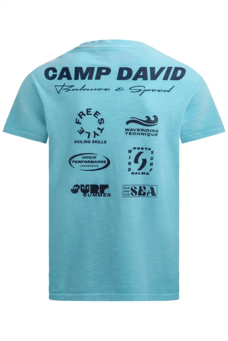 T-Shirt aus Slub-Pikee mit Back - Artwork aqua