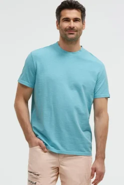 T-Shirt aus Slub-Pikee mit Back - Artwork aqua