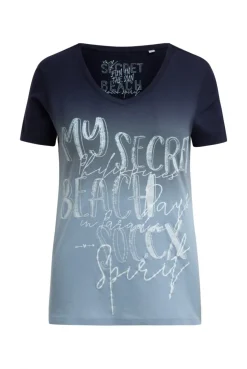 T-Shirt Dip Dye mit V-Ausschnitt und Label Print blue navy