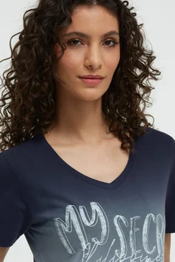 T-Shirt Dip Dye mit V-Ausschnitt und Label Print blue navy