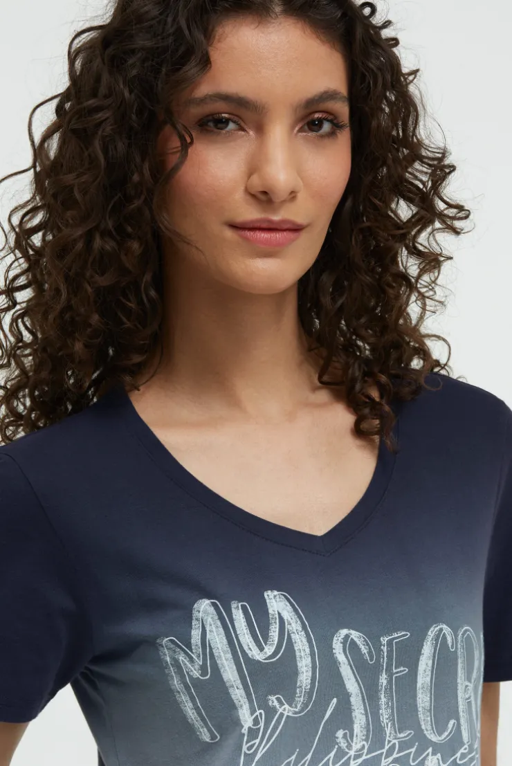 T-Shirt Dip Dye mit V-Ausschnitt und Label Print blue navy
