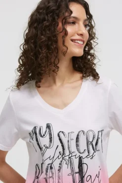 T-Shirt Dip Dye mit V-Ausschnitt und Label Print neon pink