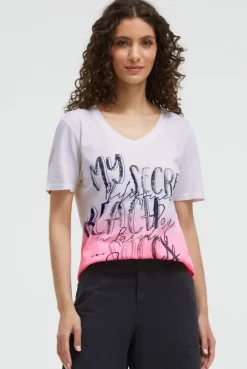 T-Shirt Dip Dye mit V-Ausschnitt und Label Print neon pink