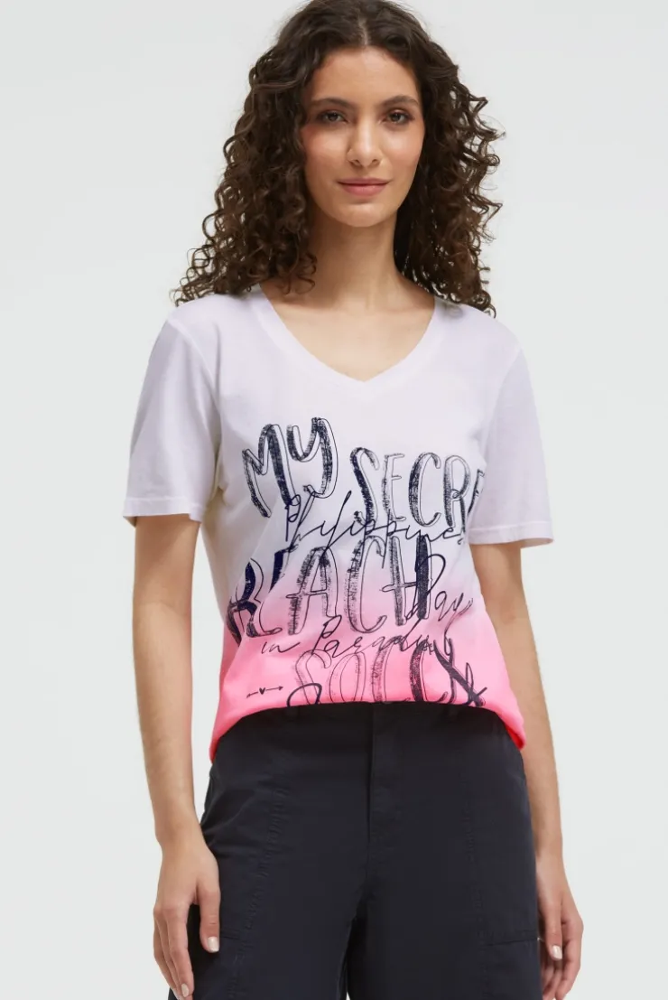T-Shirt Dip Dye mit V-Ausschnitt und Label Print neon pink