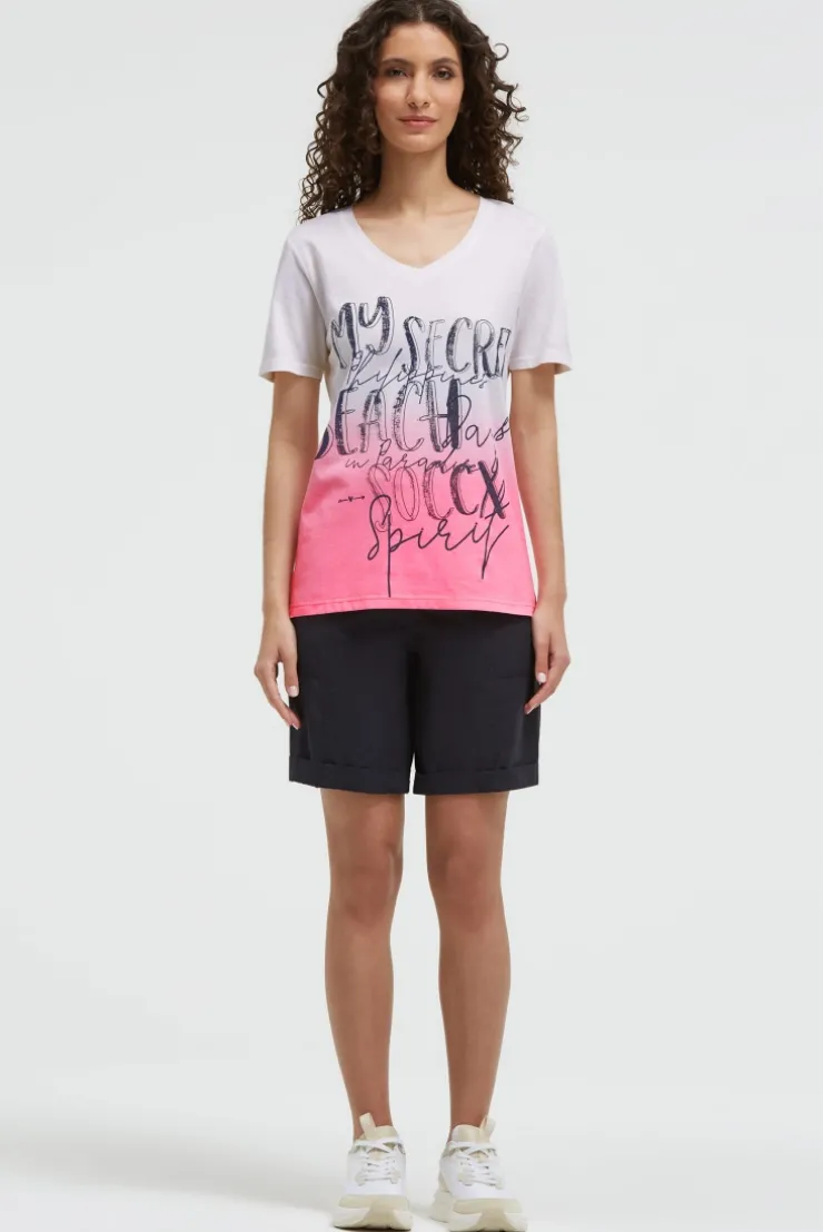 T-Shirt Dip Dye mit V-Ausschnitt und Label Print neon pink