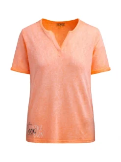 T-Shirt mit Leinen-Optik und Rückenprint neon apricot