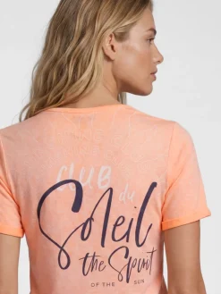 T-Shirt mit Leinen-Optik und Rückenprint neon apricot