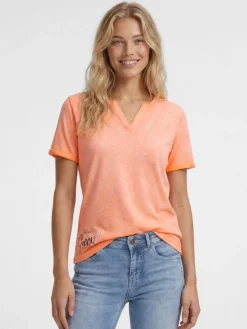 T-Shirt mit Leinen-Optik und Rückenprint neon apricot