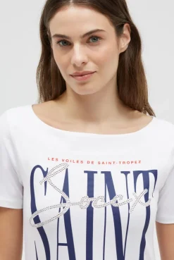 T-Shirt mit U-Boot-Ausschnitt und Artwork opticwhite