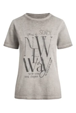 T-Shirt mit U-Boot-Ausschnitt und Artwork fresh grey