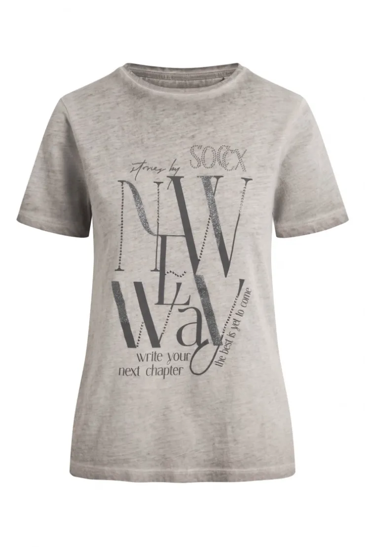 T-Shirt mit U-Boot-Ausschnitt und Artwork fresh grey