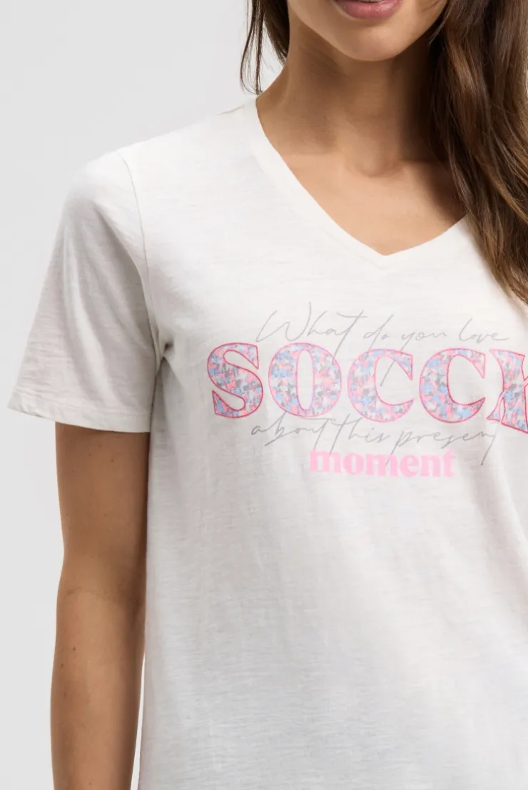 T-Shirt mit V-Ausschnitt und Artwork ivory