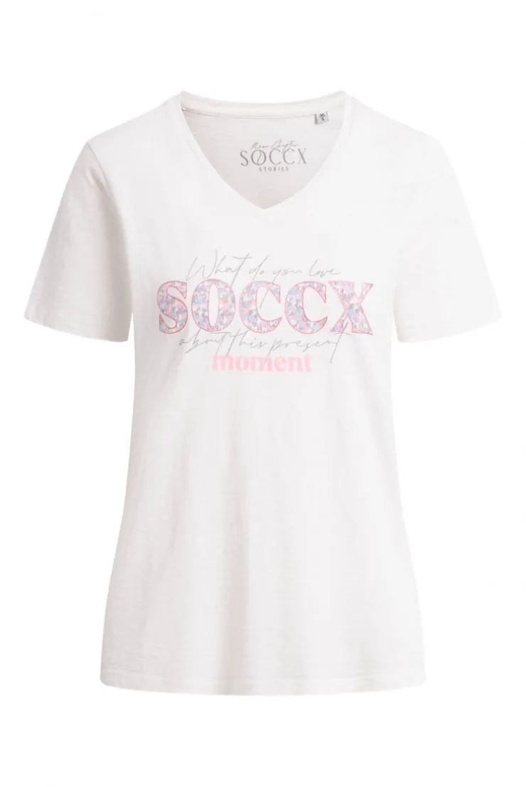 T-Shirt mit V-Ausschnitt und Artwork ivory