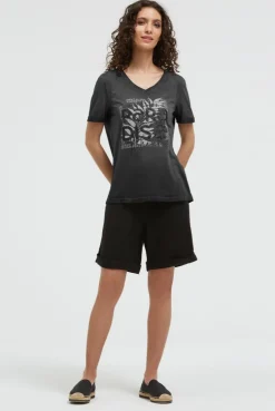 T-Shirt mit V-Ausschnitt und Glitter-Puffprint black